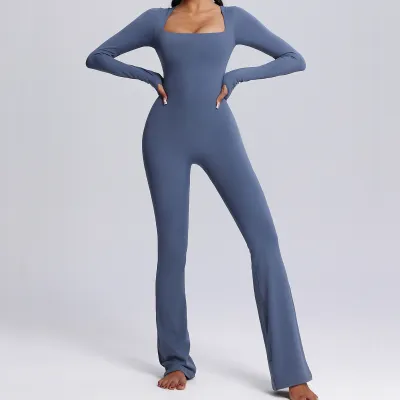 Women's Stretch Slim Lapel Long Sleeve Sports Yoga Jumpsuits