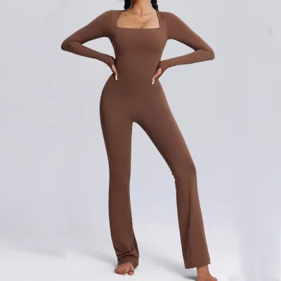 Women's Stretch Slim Lapel Long Sleeve Sports Yoga Jumpsuits