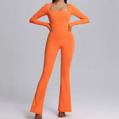 Women's Stretch Slim Lapel Long Sleeve Sports Yoga Jumpsuits