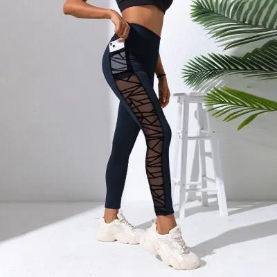 Women Fashion Mesh Stitching High Waist Hip Exercise Fitness Running Yoga Leggings