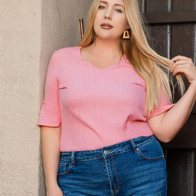 Camiseta de manga corta de color liso para mujer, jersey holgado de cuello en V, talla grande, de verano