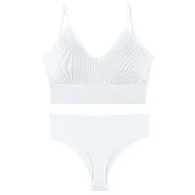 Women Fashion Solid Color No Rings Comfortable Gather-Up Triangle Cup Bra And Panties Two-Piece Set