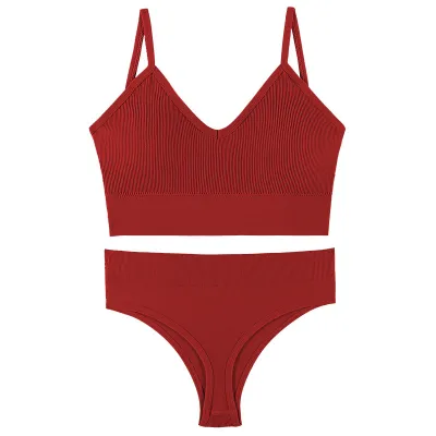 Women Fashion Solid Color No Rings Comfortable Gather-Up Triangle Cup Bra And Panties Two-Piece Set