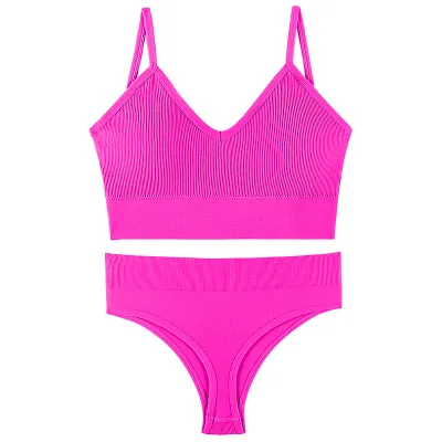Women Fashion Solid Color No Rings Comfortable Gather-Up Triangle Cup Bra And Panties Two-Piece Set