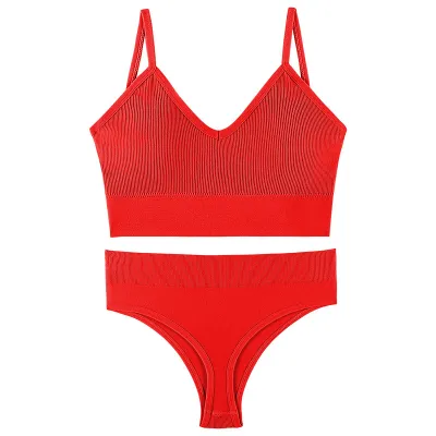 Women Fashion Solid Color No Rings Comfortable Gather-Up Triangle Cup Bra And Panties Two-Piece Set