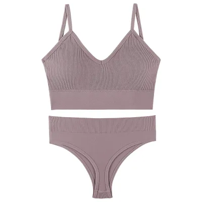 Women Fashion Solid Color No Rings Comfortable Gather-Up Triangle Cup Bra And Panties Two-Piece Set