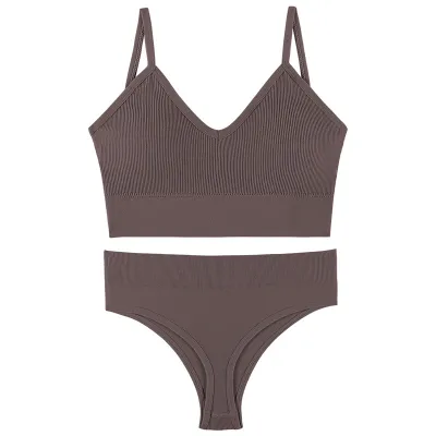 Women Fashion Solid Color No Rings Comfortable Gather-Up Triangle Cup Bra And Panties Two-Piece Set