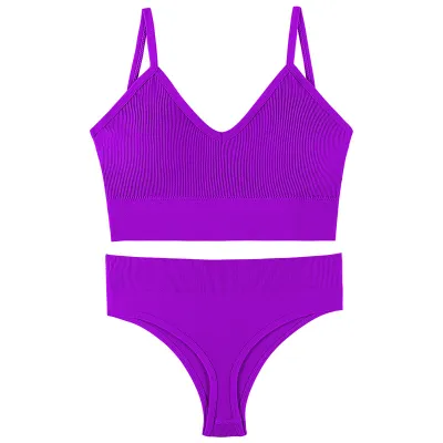 Women Fashion Solid Color No Rings Comfortable Gather-Up Triangle Cup Bra And Panties Two-Piece Set