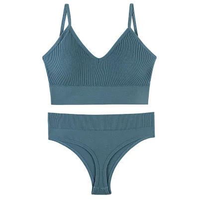 Women Fashion Solid Color No Rings Comfortable Gather-Up Triangle Cup Bra And Panties Two-Piece Set