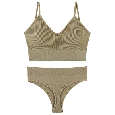Women Fashion Solid Color No Rings Comfortable Gather-Up Triangle Cup Bra And Panties Two-Piece Set
