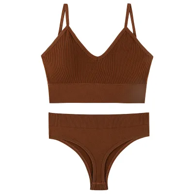 Women Fashion Solid Color No Rings Comfortable Gather-Up Triangle Cup Bra And Panties Two-Piece Set