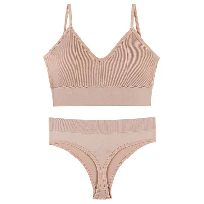 Women Fashion Solid Color No Rings Comfortable Gather-Up Triangle Cup Bra And Panties Two-Piece Set