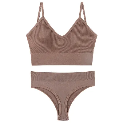Women Fashion Solid Color No Rings Comfortable Gather-Up Triangle Cup Bra And Panties Two-Piece Set