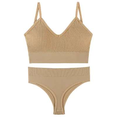 Women Fashion Solid Color No Rings Comfortable Gather-Up Triangle Cup Bra And Panties Two-Piece Set