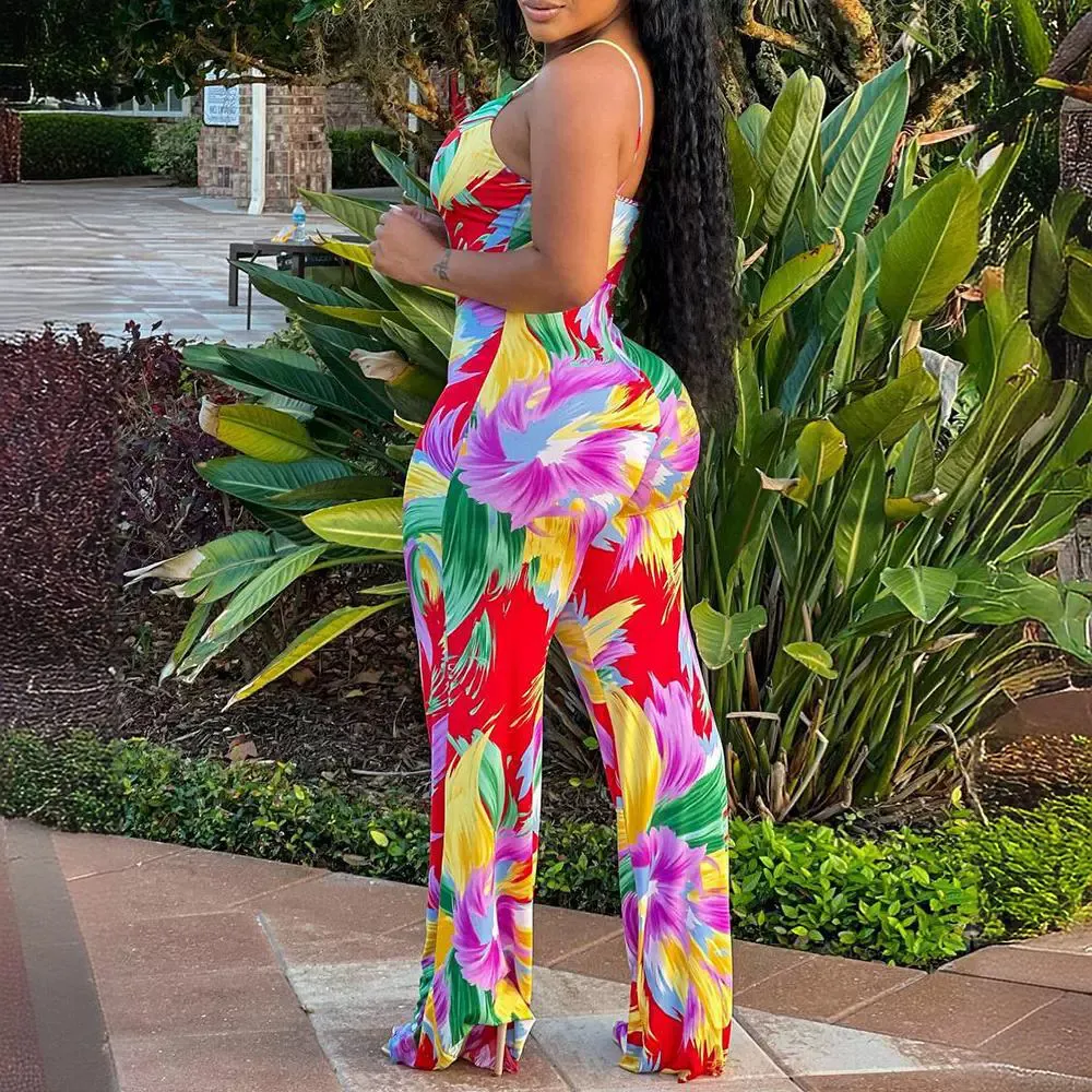 Summer Women Fashion Colorful Floral Print Backless Sling Jumpsuits