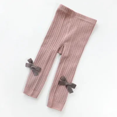 Kids Baby Toddler Girls Spring Summer Casual Cute Bow Solid Color Rib-Knit Cotton Leggings Pants 80% Cotton