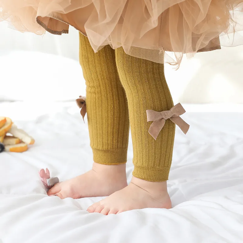 Kids Baby Toddler Girls Spring Summer Casual Cute Bow Solid Color Rib-Knit Cotton Leggings Pants 80% Cotton