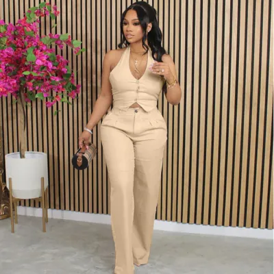 Women Fashion Solid Color Deep V Halter Neck Sleeveless Top Pants Two-Piece Set
