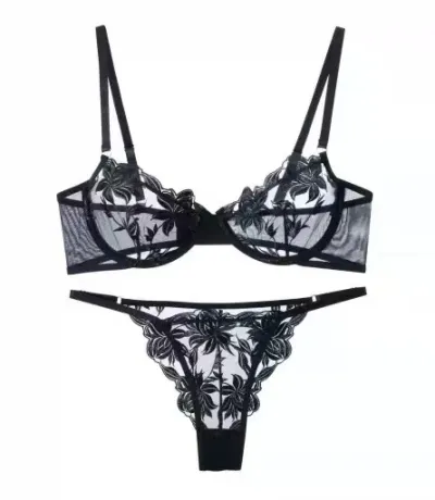 Women Sexy Floral Embroidered Mesh Bra Panties Set
