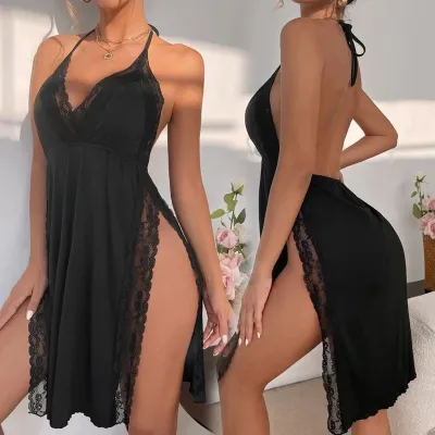 Women Sexy Deep V Halter Neck Lace Split Sleepwear Bra Set