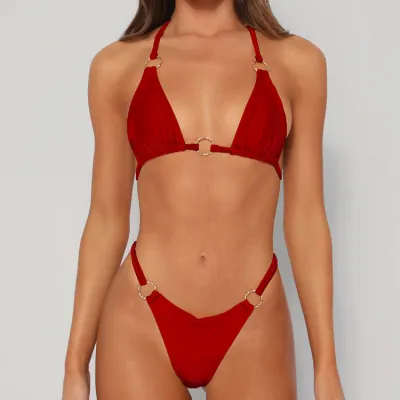 Women Fashion Sexy Solid Color Halter Neck Bikini Swimsuit Set