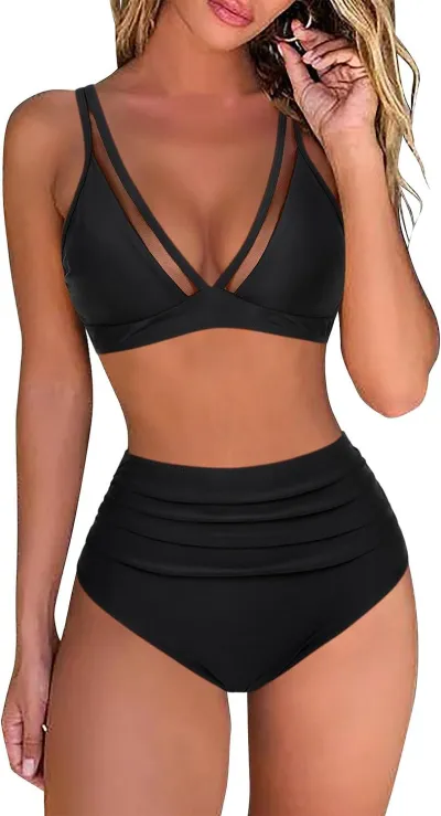 Women Fashion Sexy Mesh Stitching High Waist Tankini Swimsuit Set