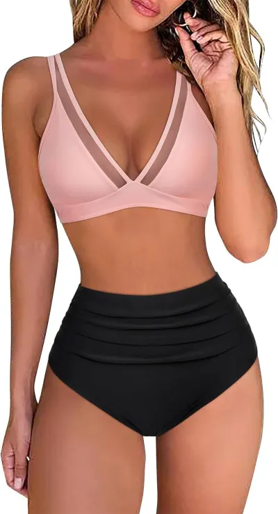 Women Fashion Sexy Mesh Stitching High Waist Tankini Swimsuit Set