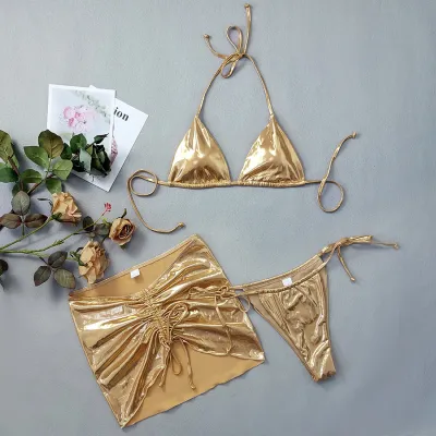 Women Sexy Bronzing Bikini Swimsuit with Drawstring Skirt Three-Piece Set