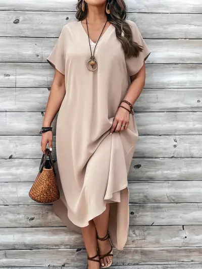 Spring And Summer Plus Size Women Casual V-Neck Irregular Skirt Dress