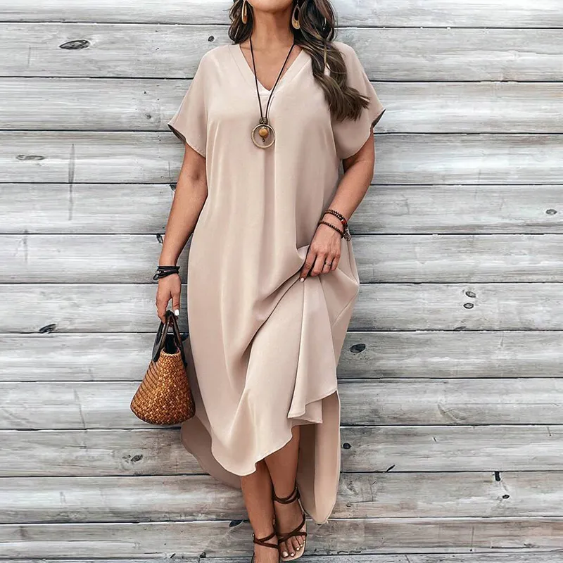 Spring And Summer Plus Size Women Casual V-Neck Irregular Skirt Dress