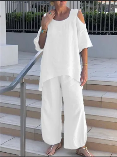 Women Plus Size Summer Solid Color Cotton Linen Pullover Short Sleeve Blouse Pants Set
