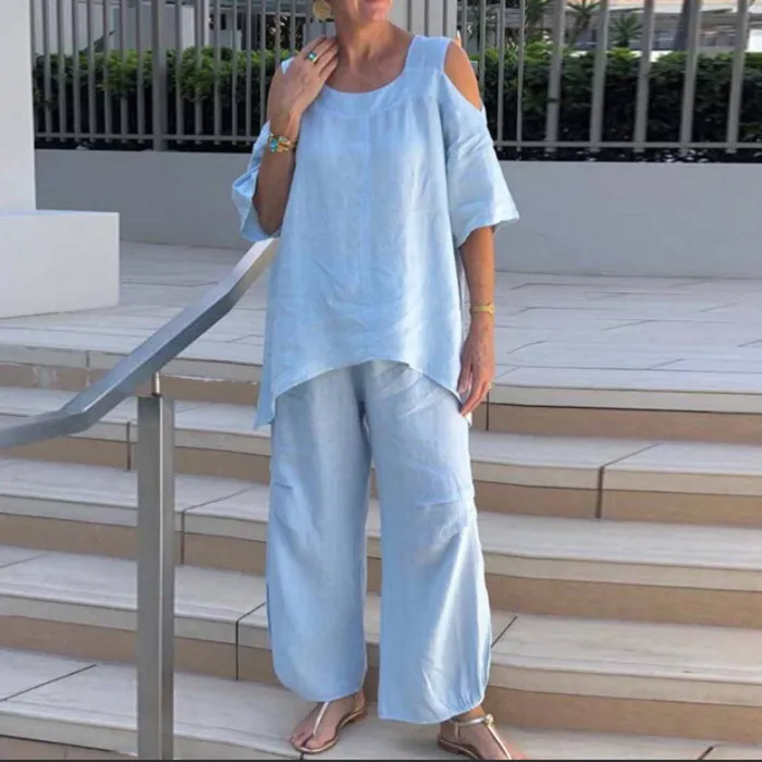 Women Plus Size Summer Solid Color Cotton Linen Pullover Short Sleeve Blouse Pants Set