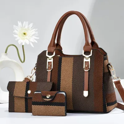 Fashion Stripe Canvas Contrast Large-Capacity Handbag Three-Piece Set