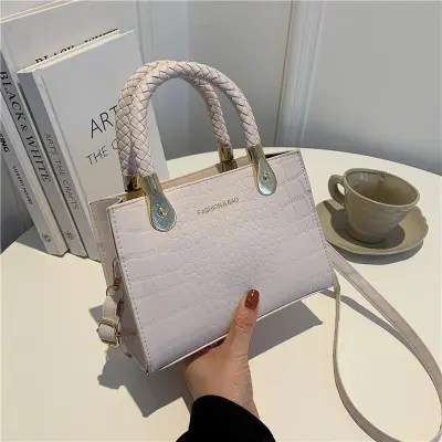 Fashionable Solid Color Stone Print Large Capacity Shoulder Handbag