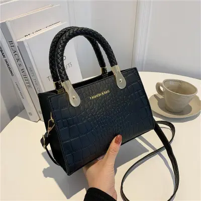 Fashionable Solid Color Stone Print Large Capacity Shoulder Handbag