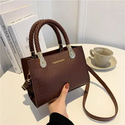Fashionable Solid Color Stone Print Large Capacity Shoulder Handbag