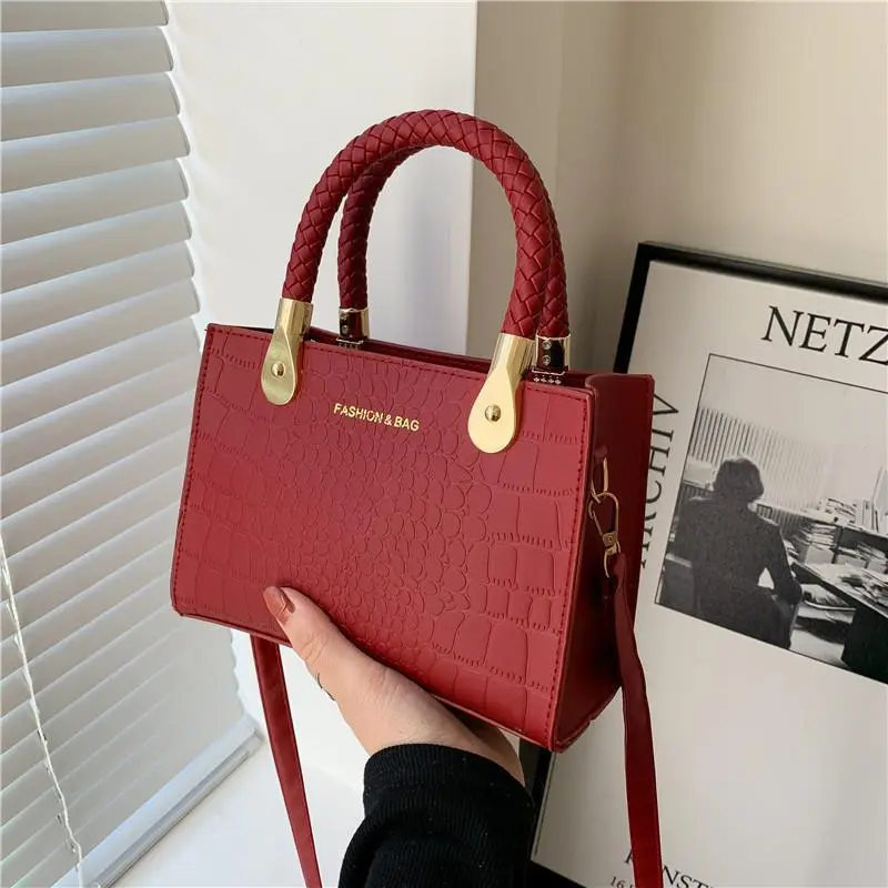 Fashionable Solid Color Stone Print Large Capacity Shoulder Handbag