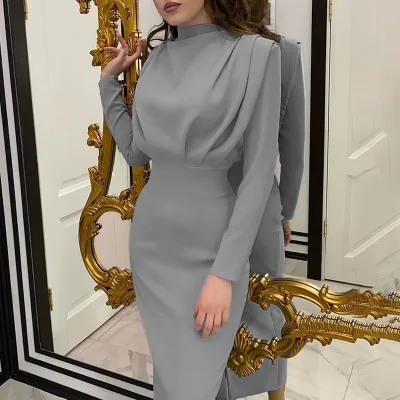 Autumn Fashion Elegant Defined High Waist Solid Color Long Sleeve Dress