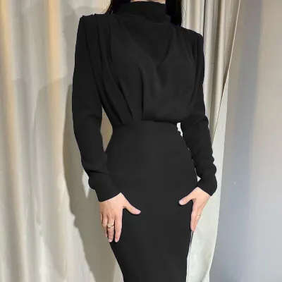 Autumn Fashion Elegant Defined High Waist Solid Color Long Sleeve Dress