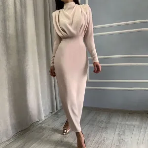 Autumn Fashion Elegant Defined High Waist Solid Color Long Sleeve Dress