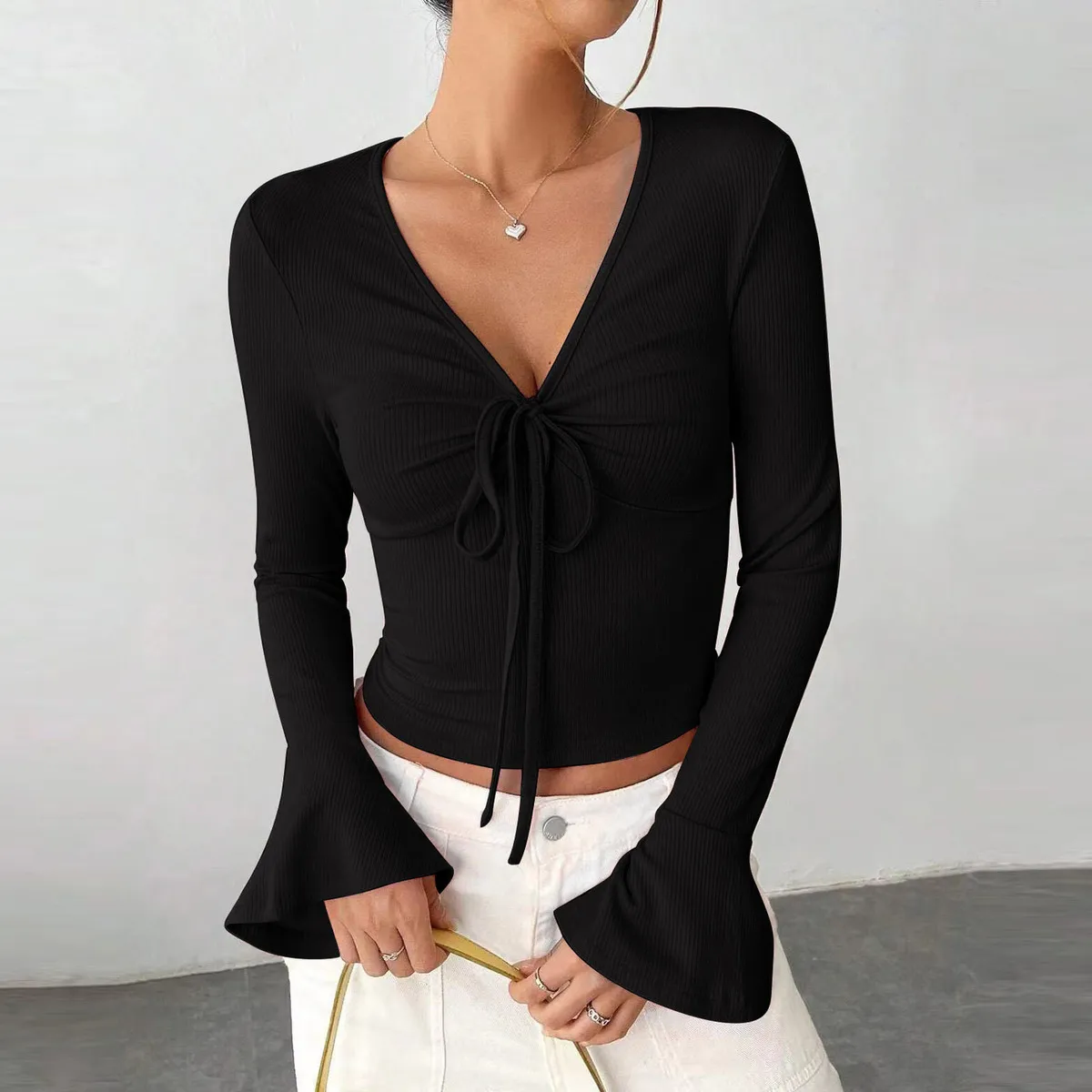 Women Fashion Sexy V-Neck Lace-Up Horn Sleeve Crop Top