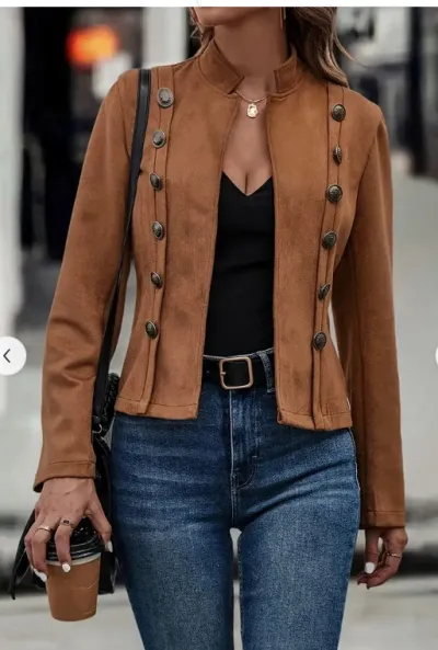 Women Retro Solid Color Double-Breasted Deerskin Long-Sleeved Slim Jacket