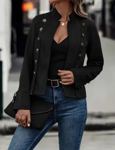 Women Retro Solid Color Double-Breasted Deerskin Long-Sleeved Slim Jacket