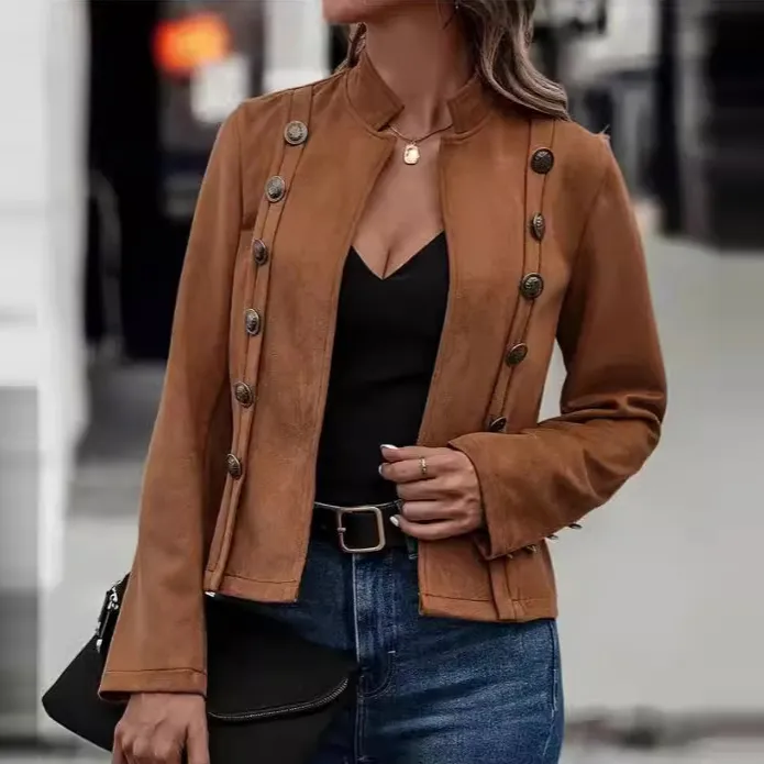 Women Retro Solid Color Double-Breasted Deerskin Long-Sleeved Slim Jacket