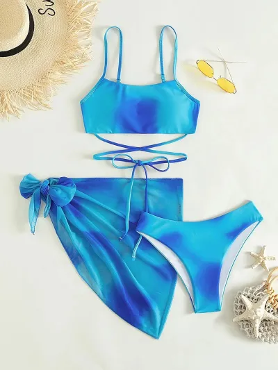 Summer Vacation Tie-Dye Bikini Coverup Women Three-Piece Swimwear Set