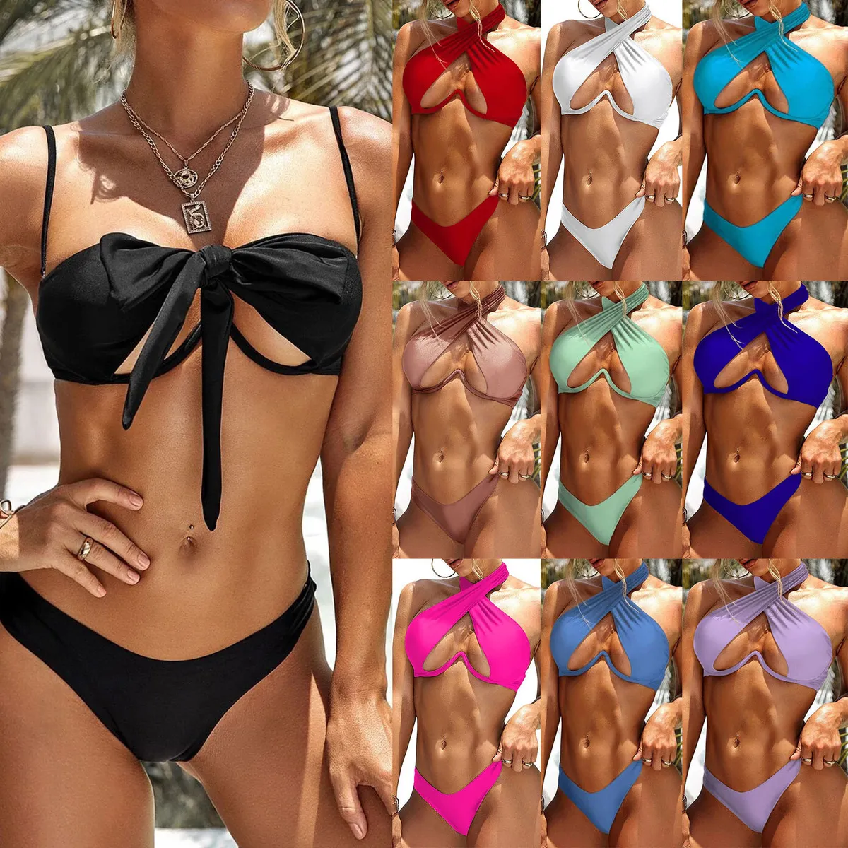 Women Solid Color Sexy Cut Out Split Swimsuit Underwire Bikini