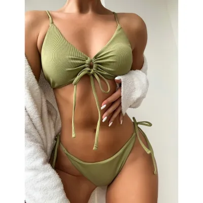 Women Sexy Triangle Bikini Drawstring Solid Color Swimsuit for Summer Vacation