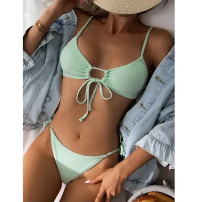 Women Sexy Triangle Bikini Drawstring Solid Color Swimsuit for Summer Vacation