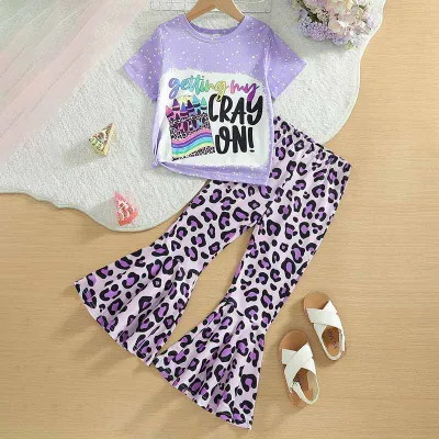 Kids Toddler Girls Casual Cute Alphabet Print Short Sleeve T-Shirt Leopard Flare Trousers Sets