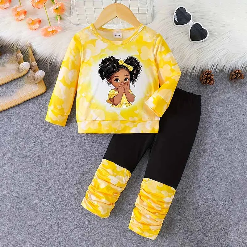 Kids Baby Girls Casual Cute Cartoon Avatar Print Long Sleeve T-Shirt Matching Trousers Set